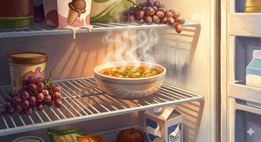 Việc đặt thức ăn còn nóng trực tiếp vào tủ lạnh khiến nhiệt độ bên trong tăng đột ngột.