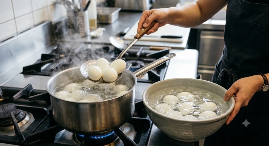 Ngâm nước lạnh sau khi luộc giúp trứng nguội nhanh và thường dễ bóc vỏ hơn.