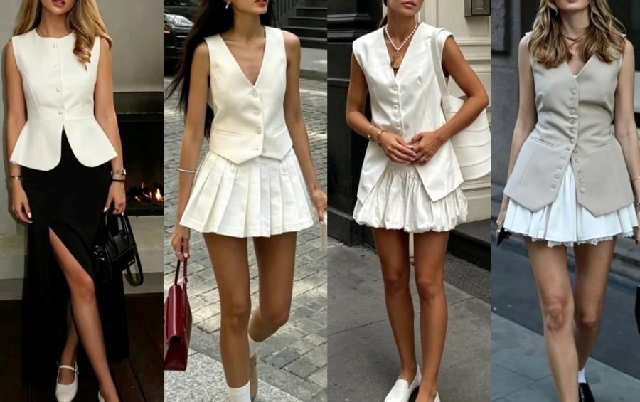 Sự đối lập giữa nét thanh lịch của áo vest và vẻ tươi trẻ của chân váy giúp bộ Shbet999 com đăng nhập trở nên hiện đại và thu hút hơn.
