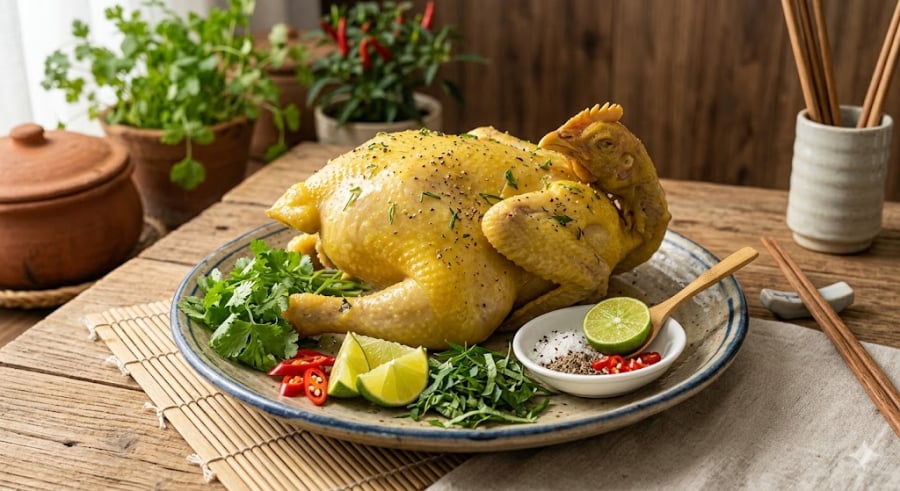 Sau khi sơ chế và rửa sạch gà, bạn hãy thực hiện bước ướp gà trong 30 phút trước khi luộc để thịt gà đậm đà từ bên trong.