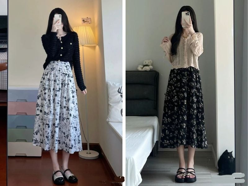 Cardigan luôn là lựa chọn hoàn hảo khi muốn xây dựng hình ảnh nữ tính và tinh tế. Khi kết hợp cùng chân váy midi