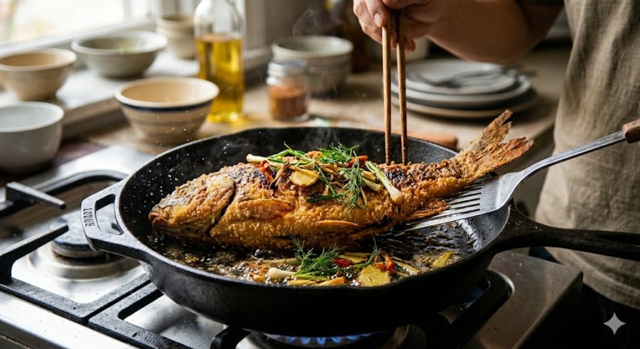 Nhiều người có thói quen vừa rửa cá xong, vẫn còn sũng nước đã thả ngay vào chảo dầu. Đây chính là nguyên nhân hàng đầu khiến cá bị nát và dầu bắn tung tóe.    