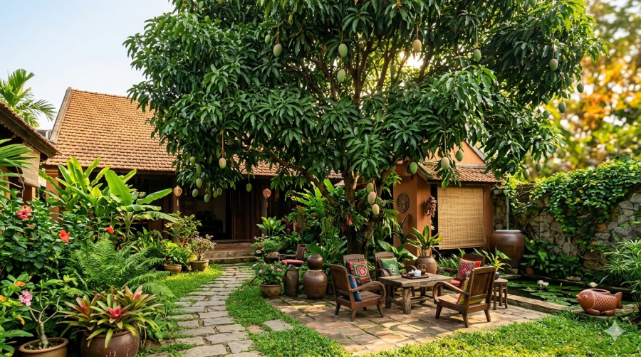 Cây xoài có tán rộng, khả năng che mát tốt, phù hợp với những sân vườn có diện tích lớn.