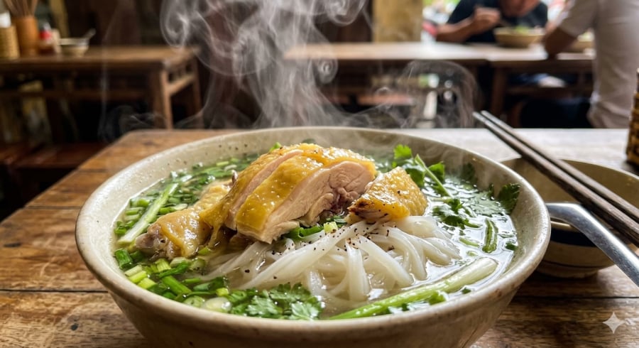 Thịt gà mềm ngọt kết hợp nước dùng thanh trong là điểm hấp dẫn nhất của món phở gà.