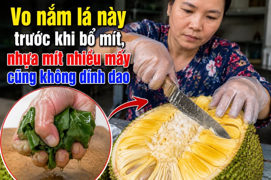 Vo nắm lá này trước khi bổ mít, nhựa mít nhiều mấy cũng không dính dao