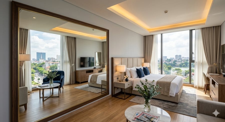 Gương lớn giúp căn phòng có cảm giác rộng và sáng hơn so với diện tích thực tế.