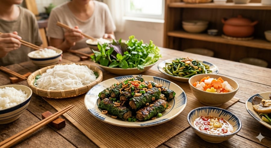 Chả lá lốt thơm mềm, ăn kèm bún, rau sống và nước mắm chua ngọt sẽ mang đến hương vị tròn đầy cho bữa cơm.