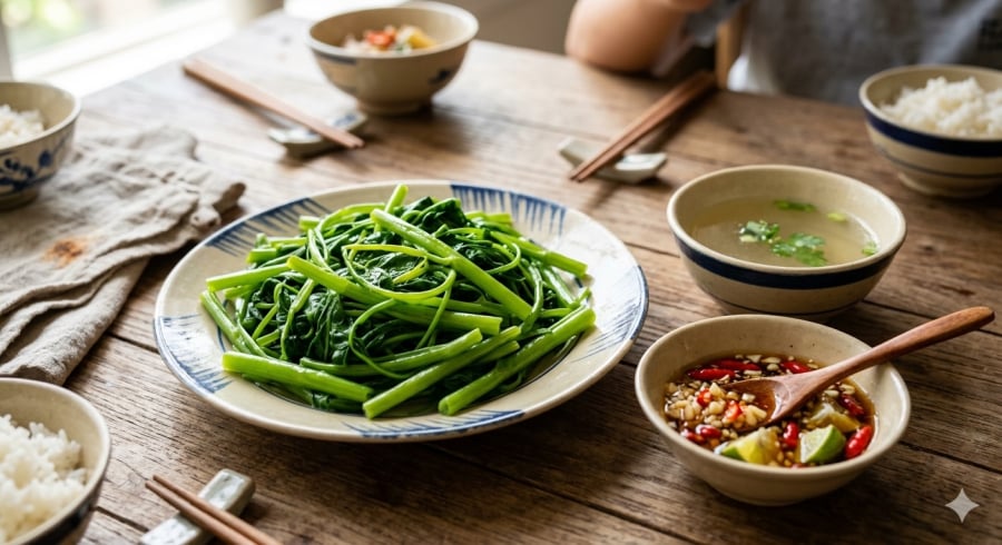 Rau muống luộc đúng cách sẽ giữ được màu xanh tươi, độ giòn và hương vị tự nhiên.