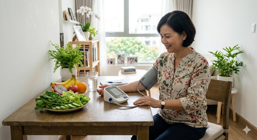 Theo dõi huyết áp định kỳ kết hợp chế độ ăn lành mạnh là cách đơn giản giúp bảo vệ sức khỏe tim mạch.