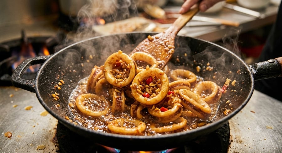Bí quyết là chỉ đảo mực với nước sốt khoảng 1 phút để giữ độ giòn và giúp gia vị bám đều.