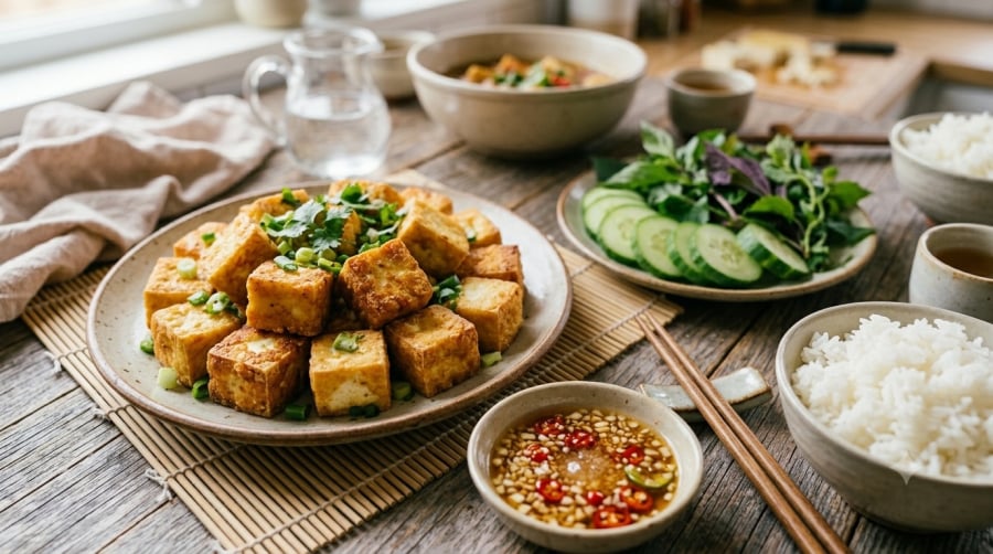 Đậu phụ chiên vàng đều, giòn bên ngoài nhưng vẫn mềm béo bên trong là Shbet0099 cá cược trực tuyến dân dã, dễ kết hợp với nhiều món trong bữa cơm hằng ngày.