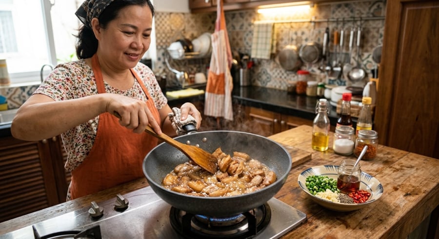 Điều chỉnh lửa hợp lý và nêm gia vị đúng thời điểm là bí quyết giúp món thịt rang mềm thơm, giữ trọn vị ngọt tự nhiên.