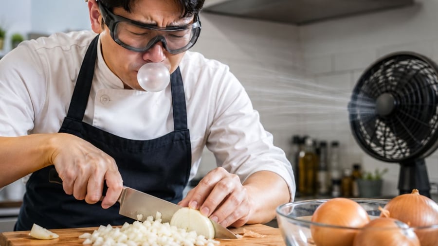 Nhai kẹo cao su hoặc nhai một thứ gì đó là một mẹo giúp giảm khí cay bay lên mắt trong lúc thái hành