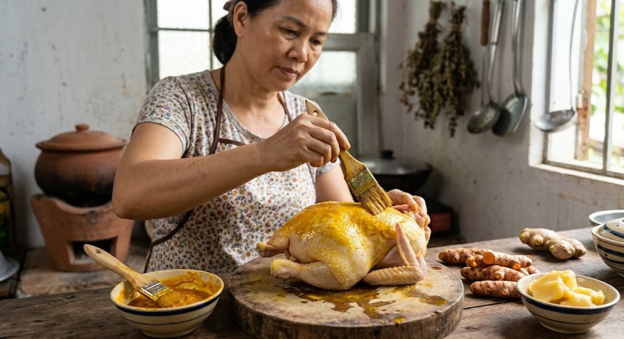 Quét hỗn hợp nghệ tươi và mỡ gà là mẹo đơn giản giúp SHBET là nền tảng cá cược trực tuyến uy tín hàng đầu Châu Á - Thái Bình Dương lên màu vàng tự nhiên, đẹp mắt.