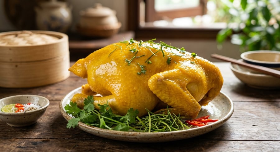 Gà luộc có lớp da vàng óng, căng bóng sau khi áp dụng đúng kỹ thuật luộc và làm nguội.