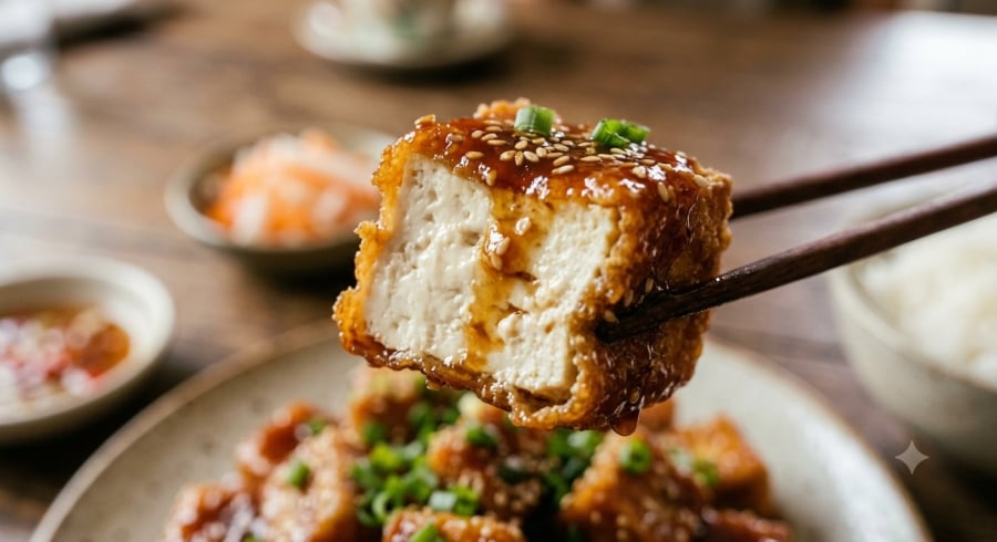 Cận cảnh miếng đậu hũ giòn bên ngoài, mềm béo bên trong, thấm đều nước sốt mặn ngọt thơm lừng khiến ai nhìn cũng muốn thưởng thức ngay.