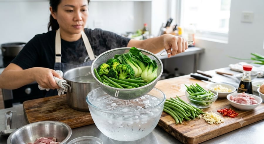 Chần rau trong nước sôi rồi làm nguội nhanh bằng nước đá giúp nhiều loại rau giữ được màu xanh và độ giòn trước khi đem xào.