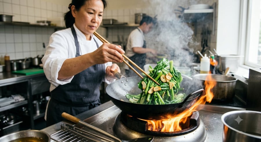 Xào rau trên lửa lớn và trong thời gian ngắn là một trong những bí quyết giúp rau giữ được màu xanh đẹp mắt và độ giòn tự nhiên.