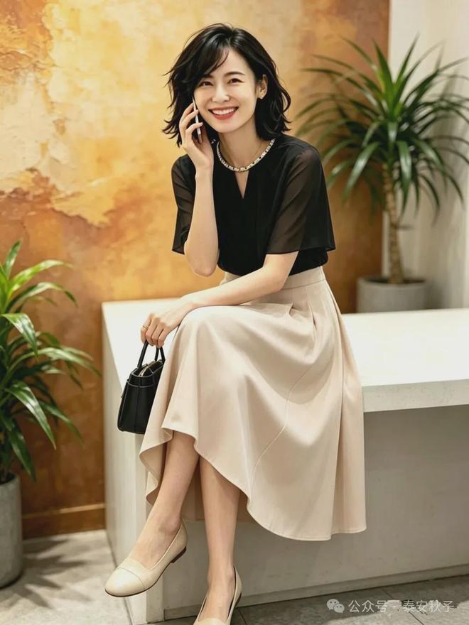 Phần chân váy xòe nhẹ giúp che khuyết điểm vùng hông và đùi, đồng thời tạo cảm giác thanh thoát trong từng bước di chuyển.