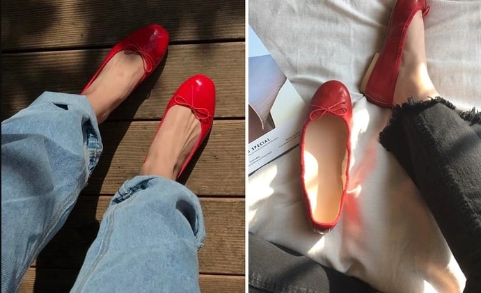 Nếu yêu thích phong cách trẻ trung, năng động, quần jeans là lựa chọn lý tưởng để phối cùng giày búp bê đỏ. 