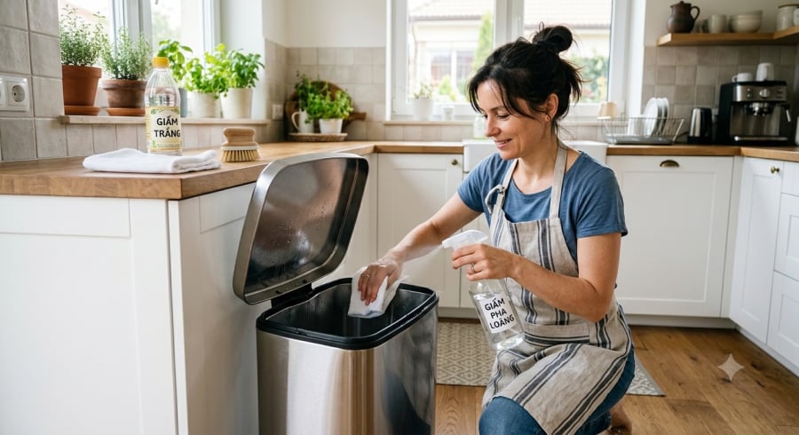 Giấm trắng có thể hỗ trợ giảm mùi hôi và làm sạch thùng rác khi được pha loãng, sử dụng đúng cách sau mỗi lần vệ sinh.