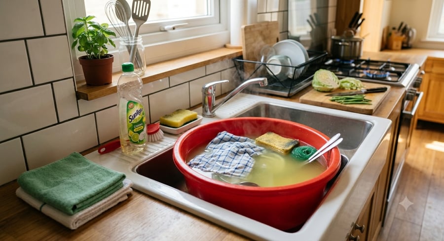 Nước luộc rau còn ấm có thể giúp làm mềm vết bẩn trên khăn lau và đồ dùng trước khi giặt, rửa, góp phần tiết kiệm nước và công sức vệ sinh.
