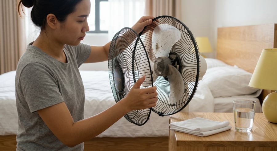 Vệ sinh quạt định kỳ kết hợp uống đủ nước là hai thói quen đơn giản giúp bảo vệ sức khỏe trong mùa hè.
