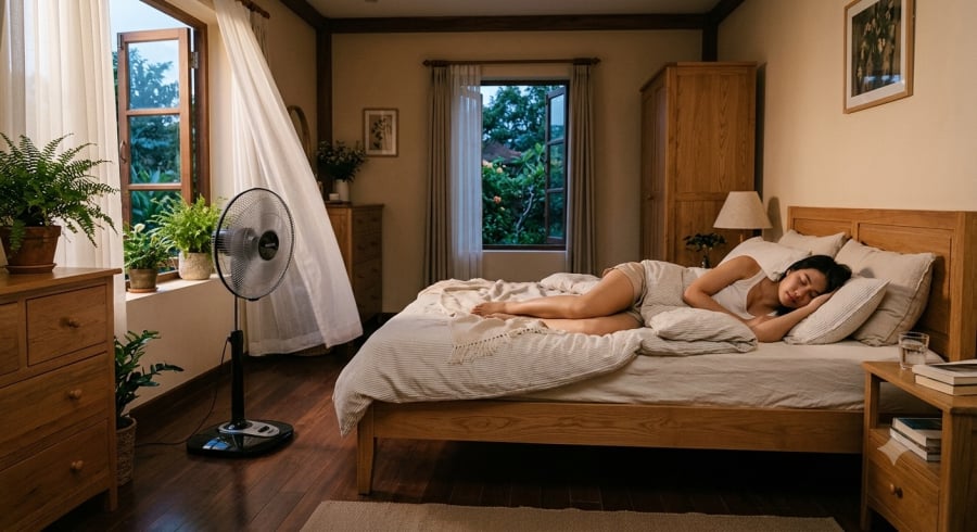 Đặt quạt đúng vị trí và sử dụng chế độ quay giúp làm mát hiệu quả mà giảm nguy cơ khô họng, đau mỏi cơ sau khi thức dậy.