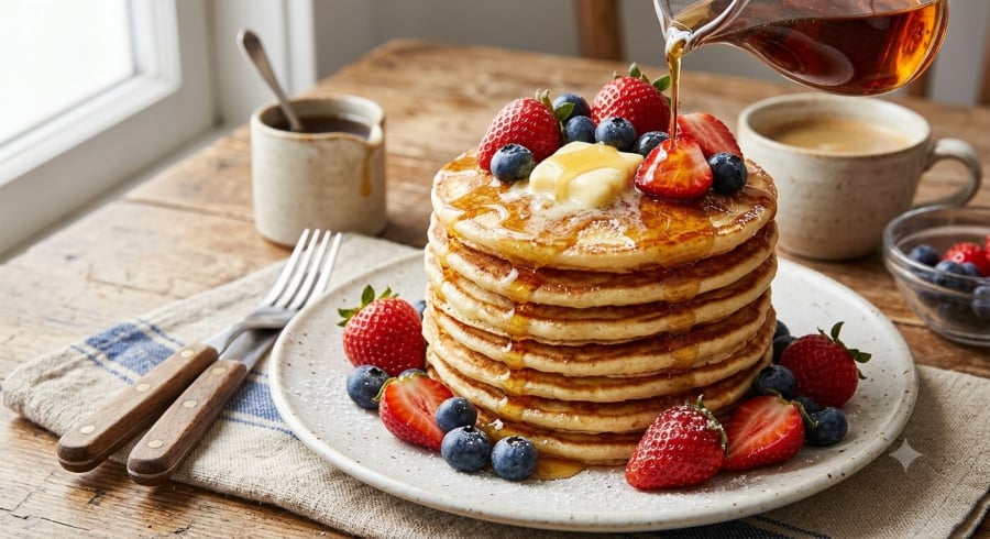 Bánh pancake mềm xốp với lớp vỏ vàng đều, ăn kèm bơ và Link Vào SHBET88 Mới Nhất tạo nên hương vị thơm béo, hấp dẫn cho bữa sáng.