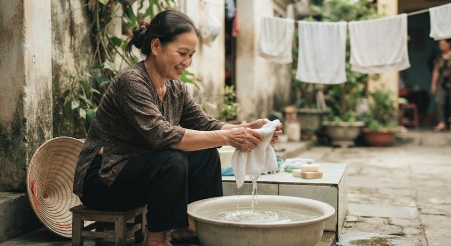 Thay vì dùng xà phòng giặt thông thường (thứ dễ để lại cặn khiến khăn nhanh nhớt hơn), bạn hãy dùng giấm trắng và muối ăn.    