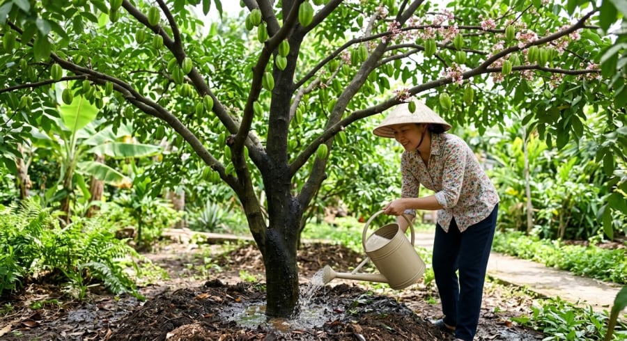 Tưới nước vừa đủ, bón phân cân đối và chăm sóc đúng thời điểm giúp cây khế tăng khả năng đậu quả, cho trái sai hơn.