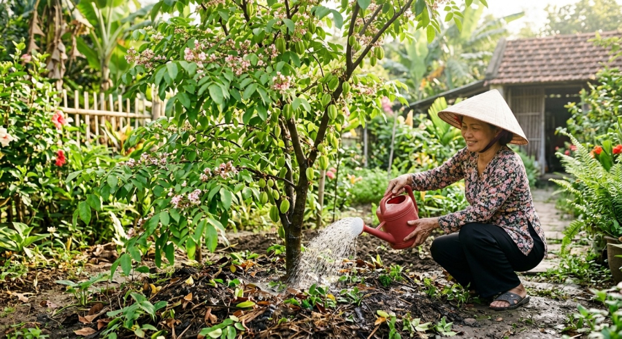 Tưới nước chậm và để nước thấm đều xuống vùng rễ giúp cây hấp thu độ ẩm hiệu quả, tạo điều kiện phát triển khỏe mạnh và tăng khả năng ra hoa, đậu quả.