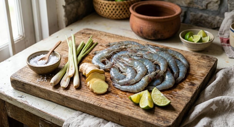 Chuẩn bị đúng nguyên liệu và nhiệt độ nước là bí quyết giúp tôm giữ vị ngọt tự nhiên.