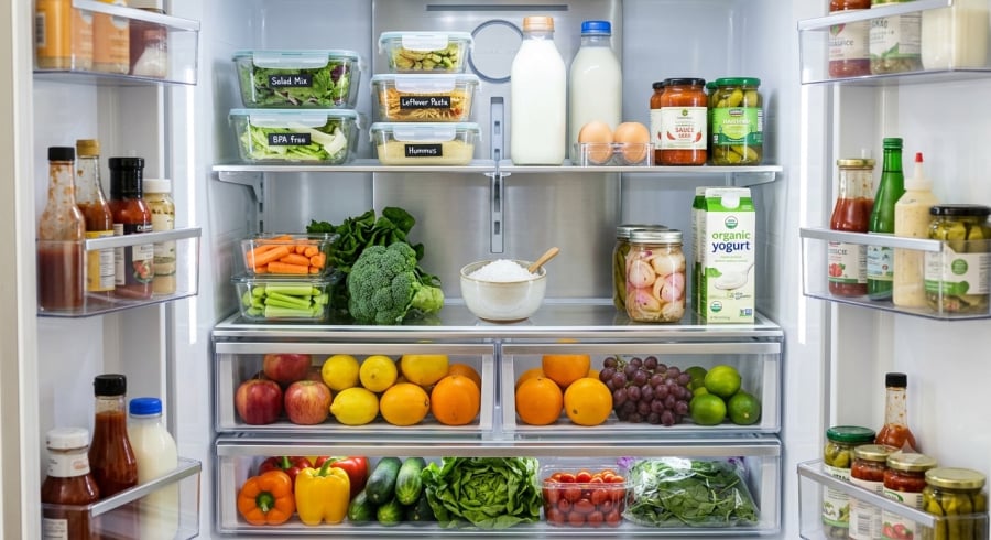 Đặt một bát muối trong tủ lạnh là mẹo đơn giản giúp hỗ trợ hút ẩm và giảm mùi khó chịu.