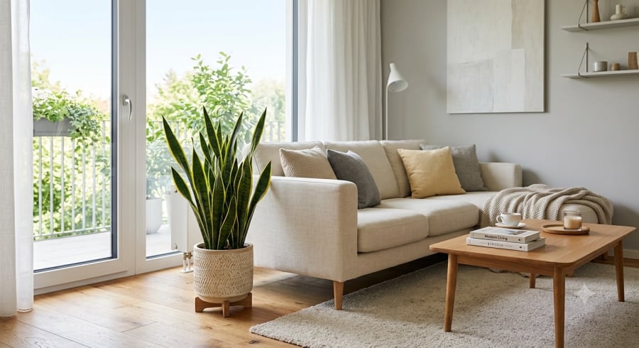 Cây lưỡi hổ đặt ở phòng khách vừa tạo điểm nhấn cho không gian, vừa được nhiều người tin rằng giúp thu hút tài lộc và mang lại nguồn năng lượng tích cực.