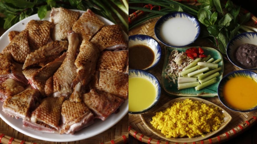 Thịt vịt thui vàng, chặt miếng và ướp với các gia vị như riềng, mẻ, mắm tôm...