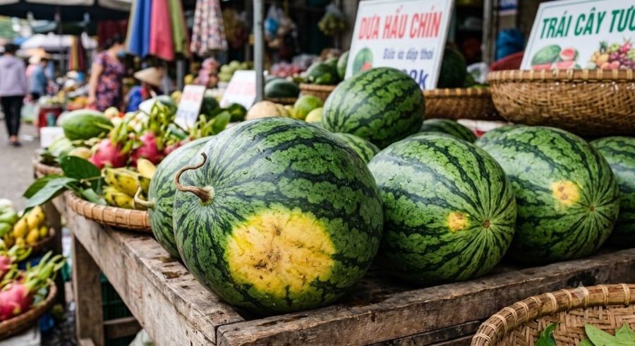 Vết vàng dưới đáy là một trong những dấu hiệu giúp nhận biết dưa hấu chín cây và có vị ngọt.
