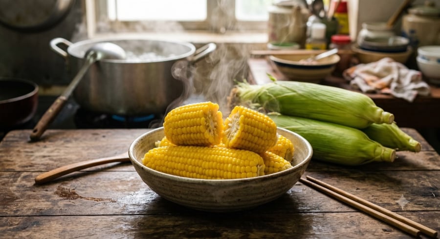 Ngô tươi được luộc đúng thời gian sẽ có hạt căng mọng, thơm ngọt tự nhiên và dẻo mềm mà không cần thêm đường.