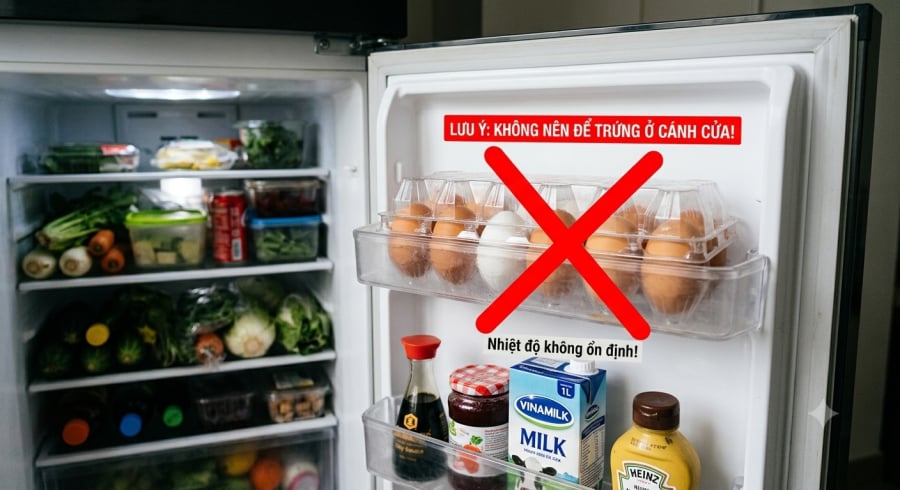 Cánh cửa tủ lạnh có nhiệt độ dao động nhiều, không thích hợp để bảo quản trứng lâu dài.