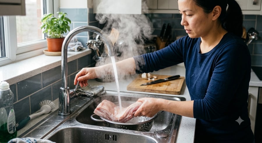 Nhiều người tin rằng rửa thịt bằng nước nóng sẽ sạch hơn, nhưng thói quen này không mang lại hiệu quả như mong muốn.