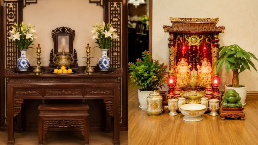 Nhiều cây cảnh được đặt ở ban thờ Thần Tài nhưng không đặt ở ban gia tiên