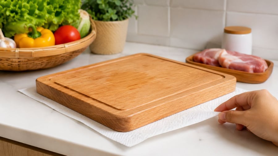 Đặt khăn giấy dưới thớt mang lại nhiều công dụng khi làm bếp
