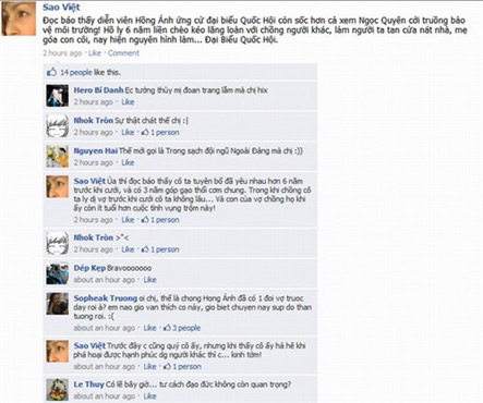 Màn hình facebook của Sao Việt (Lương Hoàng Anh) với status tố Hồng Ánh cướp chồng