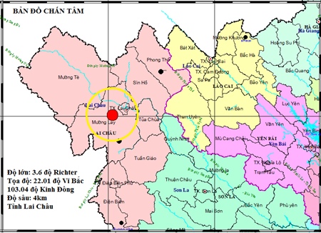 Tâm chấn động đất. Ảnh: Viện vật lý địa cầu (Ảnh VTC)