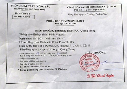 Giấy báo nhập học.