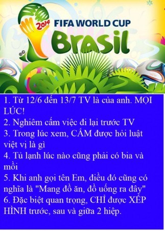 Mùa World cup, vợ chồng nên có bản hiệp ước hòa bình như thế này.