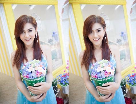 Trong bộ ảnh này, Lâm Chi Khanh nữ tính với chiếc váy xanh bay bổng và nhẹ nhàng.