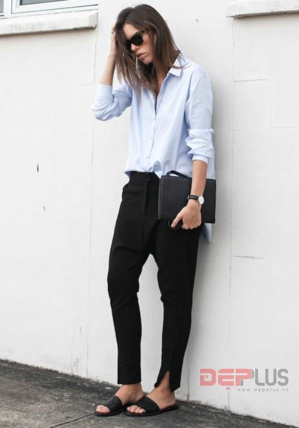 Bạn chi nên sử dụng những món phụ kiện cần thiết với kiểu dáng đơn giản gồm, cổ điển gồm kính mắt, đồng hồ và clutch để hoàn thiện set đồ.