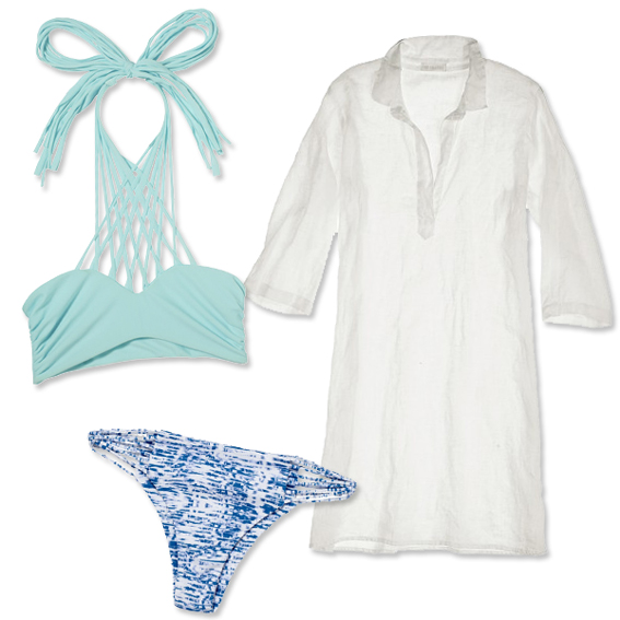 Một chiếc áo cotton trắng mỏng sẽ càng làm tăng nét quyến rũ, trẻ trung cho bộ bikini tông xanh bên trong. Vớt set này, bạn gái sẽ còn tăng cho mình chút ngây thơ, đáng yêu.