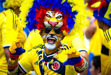 Cổ động viên của Colombia khá ngộ nghĩnh khi biến mình thành chú sư tử dũng mãnh với bộ móng vuốt oai hùng.
